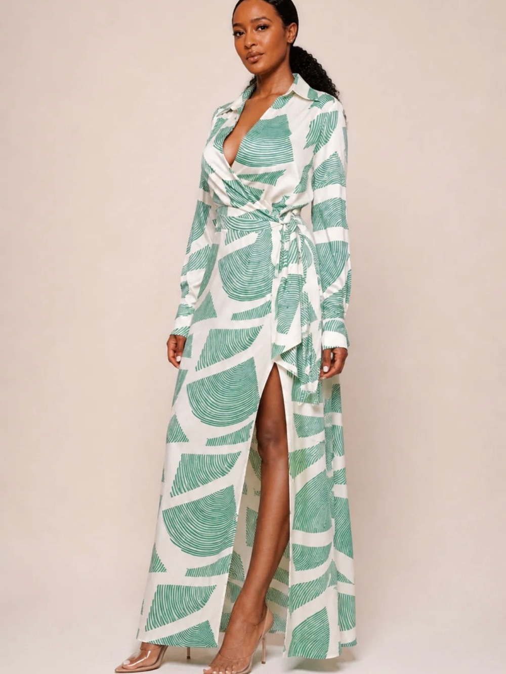 Green & Cream Printed Long Shirt Dress